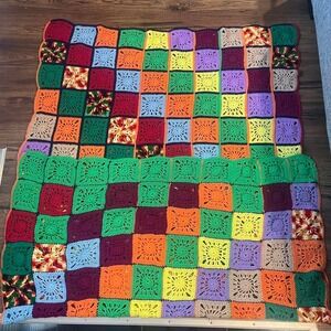 Vintage Colourful Crochet Granny Square Blanket Boho Hippie‎ Handmade Retro